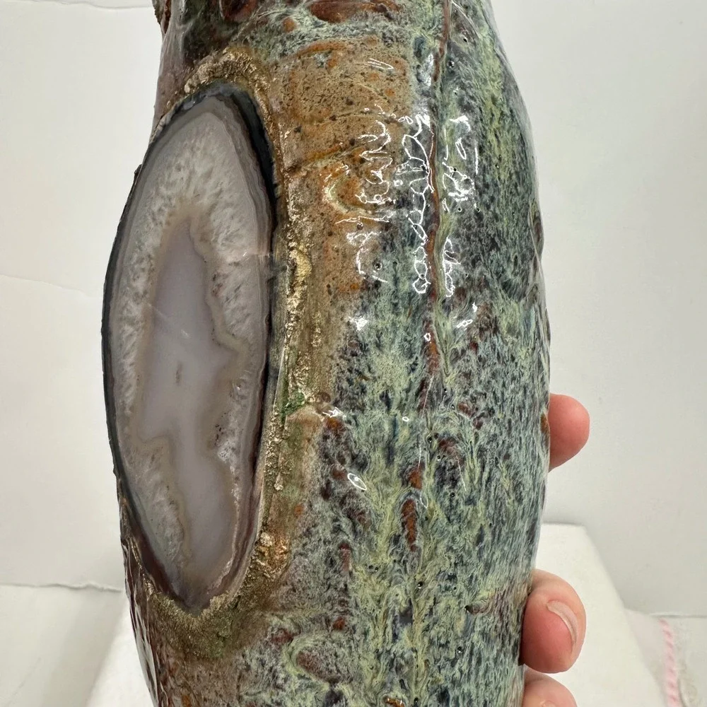 Terrance M Bedell Studio Pottery Vase Handmade signed '14‎ Brown Geode luminary